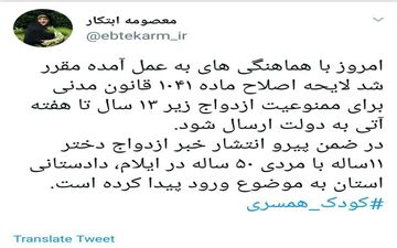 ابتکار: ارسال لایحه ممنوعیت ازدواج زیر ۱۳سال به دولت تا هفته آینده