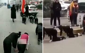 چهار دست و پا راه بردن کارمندان زن در خیابان! +فیلم 