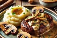 طرز تهیه  خوراک گوشت و قارچ با پوره سیب زمینی!