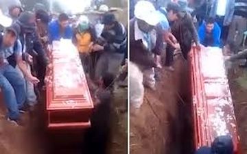 بیرون افتادن جنازه حین یک مراسم خاکسپاری! +فیلم 
