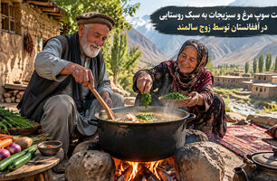 ویدئو | پخت سوپ مرغ و سبزیجات به سبک روستایی در افغانستان توسط زوج سالمند