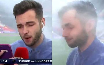 خیس شدن خبرنگار ورزشی حین گزارش زنده از استادیوم!